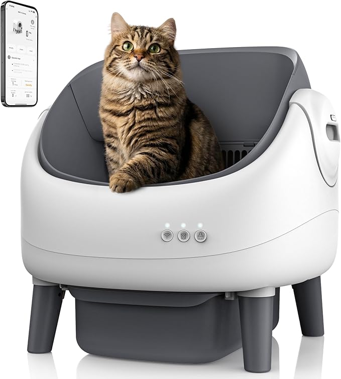 Open-Top Automatic Cat Litter Box, Self Cleaning Litter Box with APP Control，Safety Sensors，for Multiple Cats