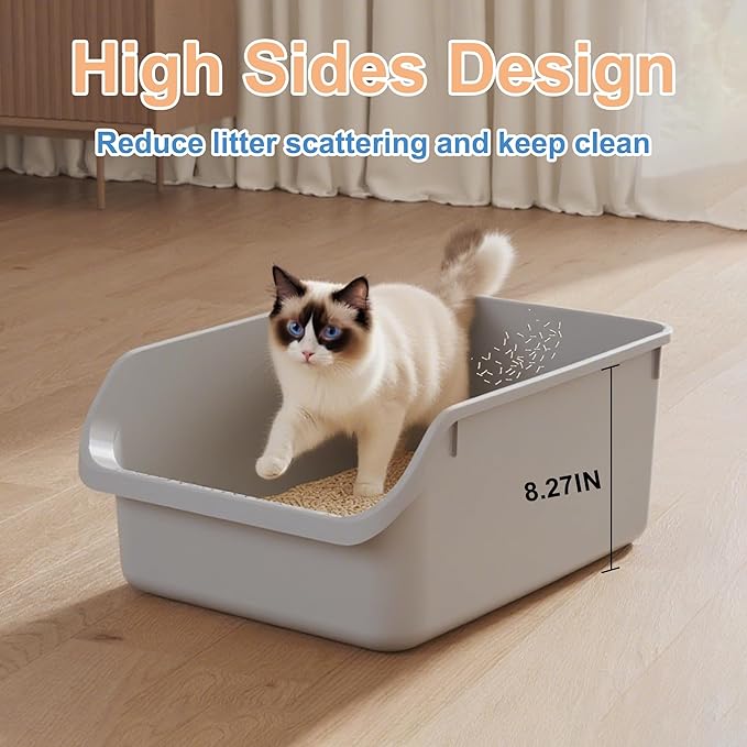 Cat Litter Box with High Sides Anti-Splashing for Indoor Cats Low Entry Kitty Litter Boxes (Grey)