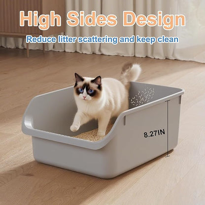 Cat Litter Box with High Sides Anti-Splashing for Indoor Cats Low Entry Kitty Litter Boxes (Grey)