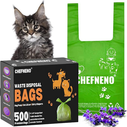 Cat Litter Waste Bags Biodegradable (500 ct., Green) Bulk Dog Poop Bags with Easy Tie Handles Earth-Friendly Lavender Scented Cat Litter Poop Diaper Bag Disposable Sanitary Pad Waste Bags (500 Bags)
