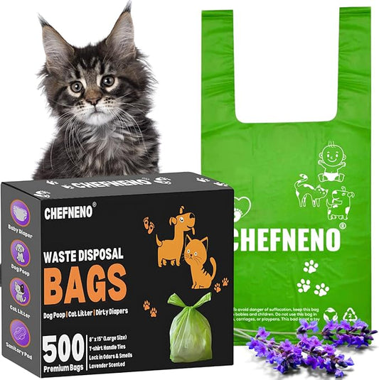 Cat Litter Waste Bags Biodegradable (500 ct., Green) Bulk Dog Poop Bags with Easy Tie Handles Earth-Friendly Lavender Scented Cat Litter Poop Diaper Bag Disposable Sanitary Pad Waste Bags (500 Bags)