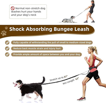 Hands Free Dog Leash with Zipper Pouch, Dual Handle Retractable Reflective Heavy Duty Bungee Leash for Small & Medium Dog Running Walking Jogging Training Hiking, Black