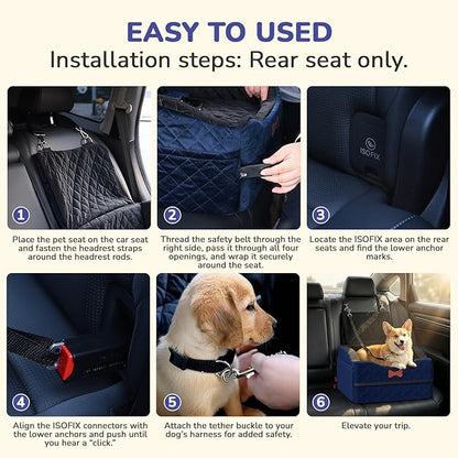 Dog Car Seat for Small Medium Dogs, 6" Elevated Dog Booster Seat with ISOFIX Safety Fixation, Washable Cover & High Density Memory Foam, Portable for Car Front/Rear/Trunk Home Outdoor Use (Navy Blue)
