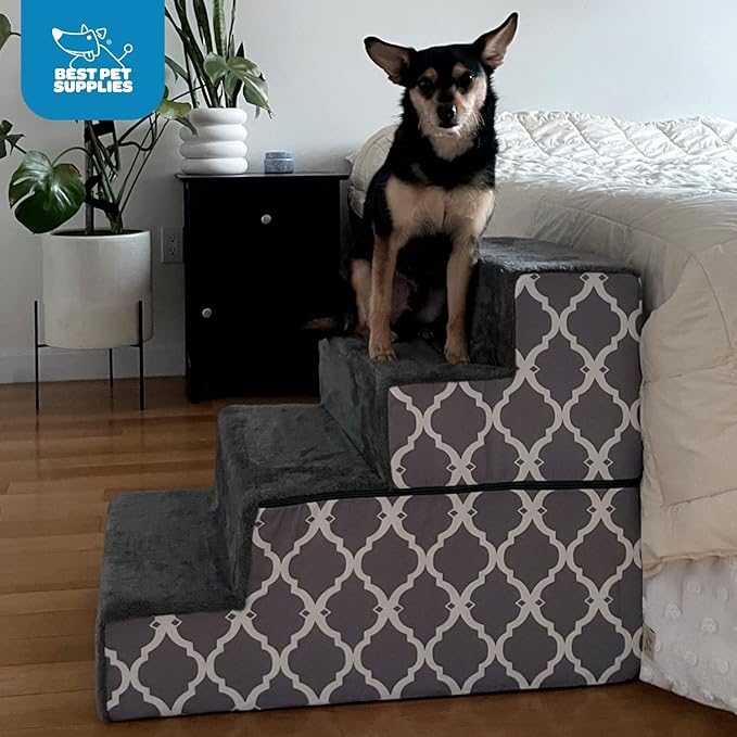 Best Pet Supplies Foldable Foam Pet Steps for Small Dogs and Cats, Portable Ramp Stairs for Couch, Sofa, and High Bed Climbing, Non-Slip Balanced Indoor Step Support, Paw Safe - Sand, 4-Step