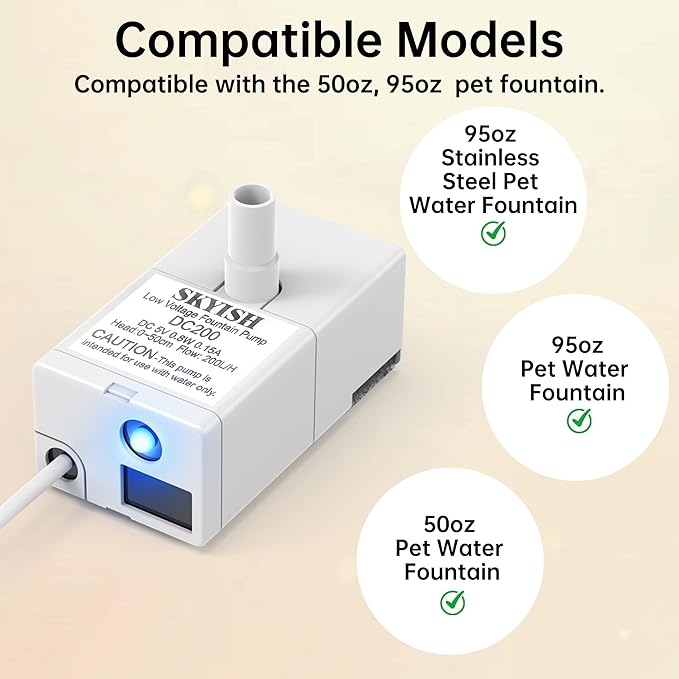 Cat Water Fountain Pump for 50oz, 95oz Fountain, Ultra Quiet, USB Cable, LED Light and 6 Pack Pet Fountain Filters