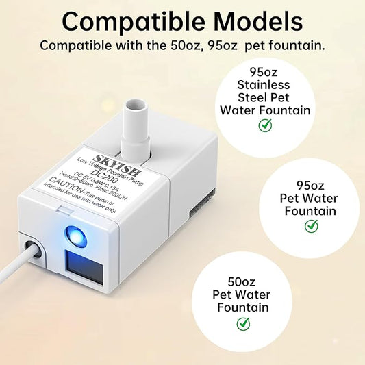 Cat Water Fountain Pump for 50oz, 95oz Fountain, Ultra Quiet, USB Cable, LED Light and 6 Pack Pet Fountain Filters
