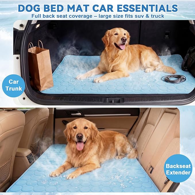 Hahafelt 54"x24.8" Dog Cooling Mat for Car Back Seat, Ice Silk Pet Bed Mat, Non Slip Summer Cooling Pad for Dogs and Cats, Fits Backseat Extenders Protector, Trucks, Suvs, Indoor & Outdoor (Sky Blue)