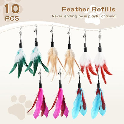Pawaboo Feather Teaser Cat Toy, Interactive Wands Cats Toy Flying Feathers Cat Catcher with Extra Long 34.5" Wand and Small Bell, Playing Toys, 1 Wand + 10 Feathers, Multi-Color Feather Blend