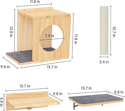 Wall Mounted Cat Tree 47” Tall, Cat Activity Tree Tower Set: Scratching Post, Climbing Step and Interior Bed Area, Wooden Handcrafed Cats Wall Shelves for Sleeping Playing Lounging Perching