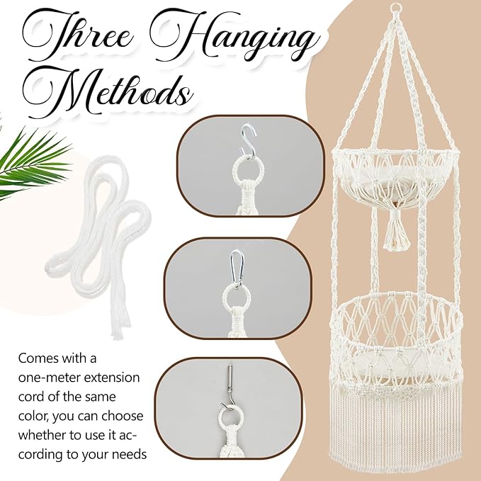 Double Deck Macrame Cat Hammock with Cushion Boho Hanging Bed Swing Cat Tree Door Hanger for Playing Sleeping Climbing and Lounging