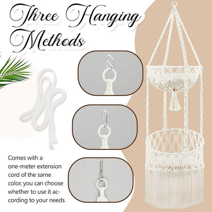 Double Deck Macrame Cat Hammock with Cushion Boho Hanging Bed Swing Cat Tree Door Hanger for Playing Sleeping Climbing and Lounging
