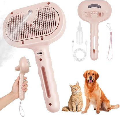Dog Steam Brush Self Cleaning 3 in 1 Cat Steam Brush for Hair Shedding Massaging Grooming,Reducing Flying Fur & Static,Spray Comb with Storage String for Long Short Haired Furry Pets - Pink