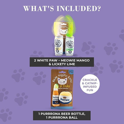 White Paw Mango & Lime + Purrrona Beer Bottle & Ball Set, Plush Cat Toys Catnip Filled with Interactive Crackle Sound, Safe & Durable Toys for Cat & Kitten, 4 Pcs