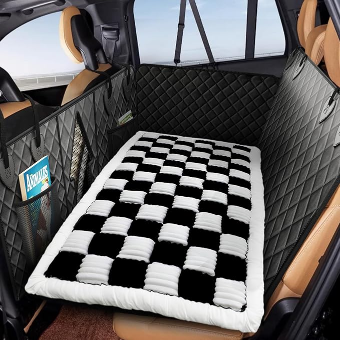Backseat Extender Pet Bed Mat, Deluxe Dog Bed for Car Back Seat, Non-Slip Dog Mat for Truck Back Seat Cover with Hard Bottom, Plaid Backseat Dogs Bed for Car Trucks SUVs (57.8" * 26.7" inch)