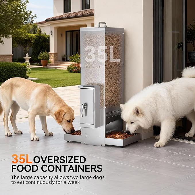 35L Automatic Dog Feeder for Two Large Dog or Cat Stainless Steel Pet Feeder with Timer,Feeding Schedule, Wall-Mountable, 2 Extra-Large Tray for Large Pet