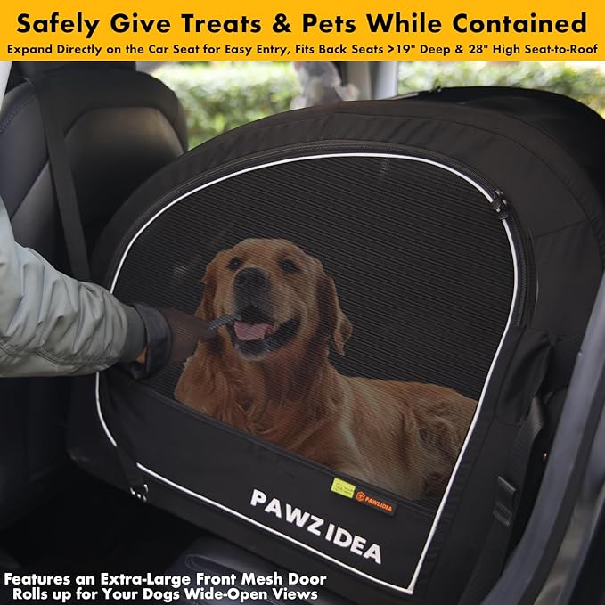 PAWZIDEA Portable Dog Crate for Car Travel, Collapsible Pet Travel Crates for Medium & Large Dogs, Enclosed Soft-Sided Car Kennel Carrier for Backseat, Secures w/Seatbelt & Headrest Strap, Chew-Proof