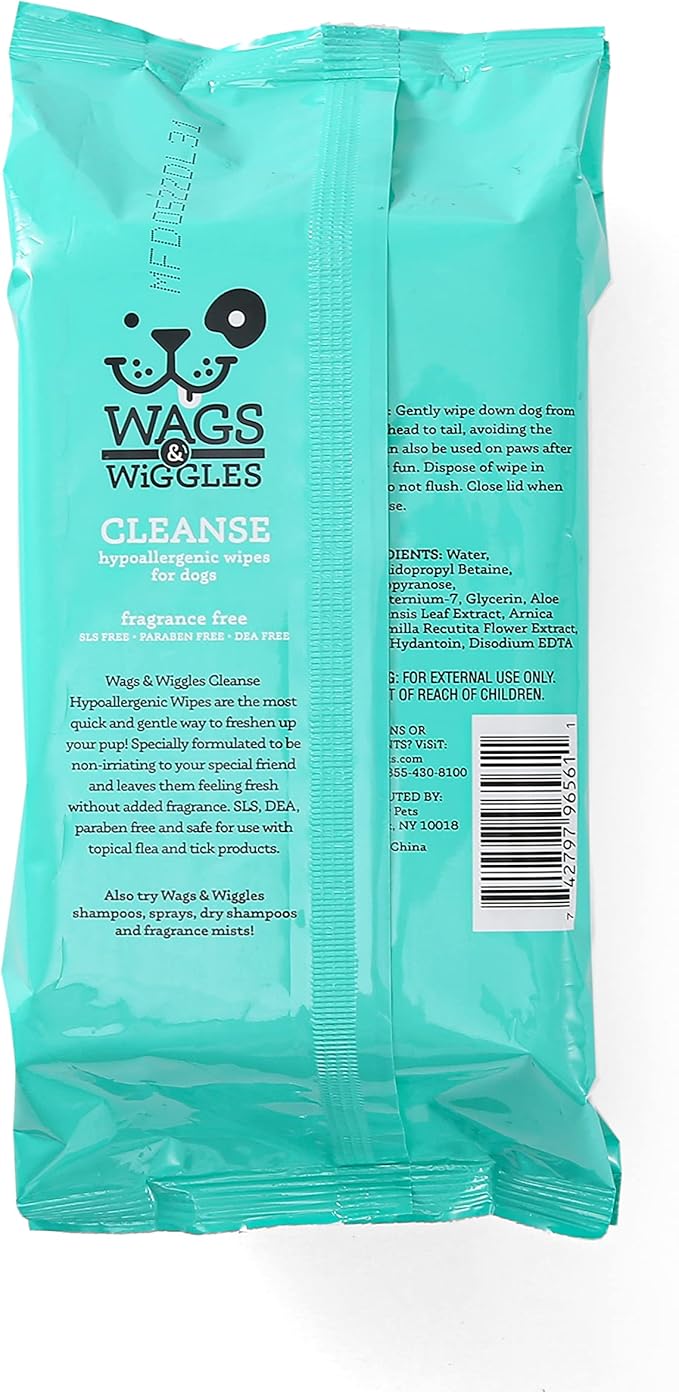 Wags & Wiggles Hypoallergenic Dog Wipes for Sensitive Skin, Fragrance Free Waterless Cleansing Towelettes for Paws Face Body & Rear, No SLS DEA Parabens, 100 Count - 12 Pack