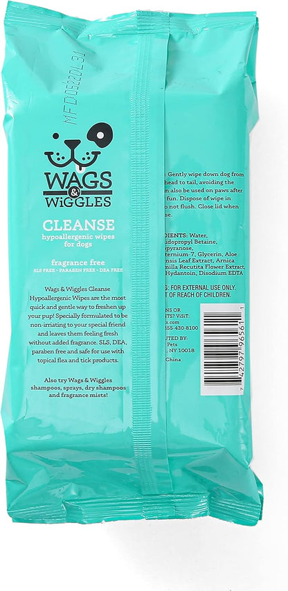 Wags & Wiggles Hypoallergenic Dog Wipes for Sensitive Skin, Fragrance Free Waterless Cleansing Towelettes for Paws Face Body & Rear, No SLS DEA Parabens, 100 Count - 12 Pack