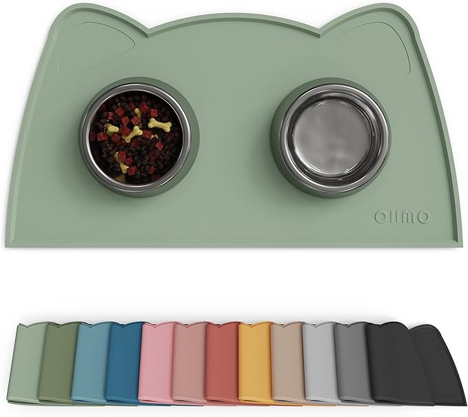 OHMO - Cat Food Mat, Silicone Pet Feeding Mat for Floor Non-Skid Waterproof Dog Water Bowl Tray, Easy to Clean Pet Placemat (Sage Green, 18 * 9.8'')