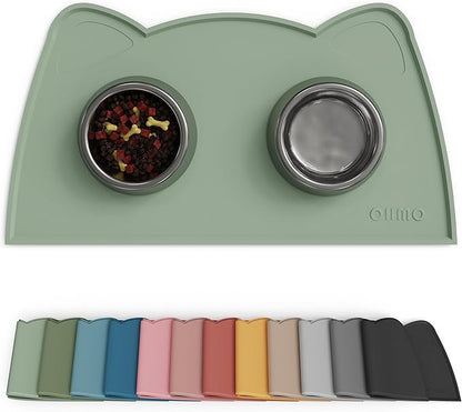 OHMO - Cat Food Mat, Silicone Pet Feeding Mat for Floor Non-Skid Waterproof Dog Water Bowl Tray, Easy to Clean Pet Placemat (Sage Green, 18 * 9.8'')
