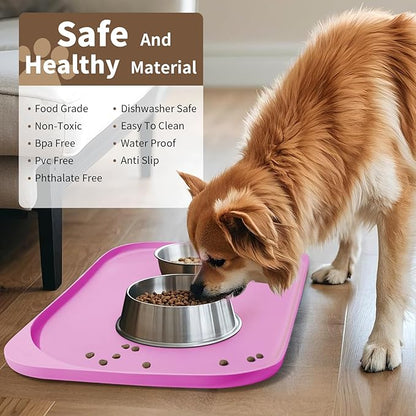 Silicone Pet Food Mat with Raised Edge for Food and Water Bowl, Dog Feeding Mats, Cat Food Trays for Floor Waterproof, Rubber Tray for Dogs and Cats, 19 x 12 x 0.7 Pink