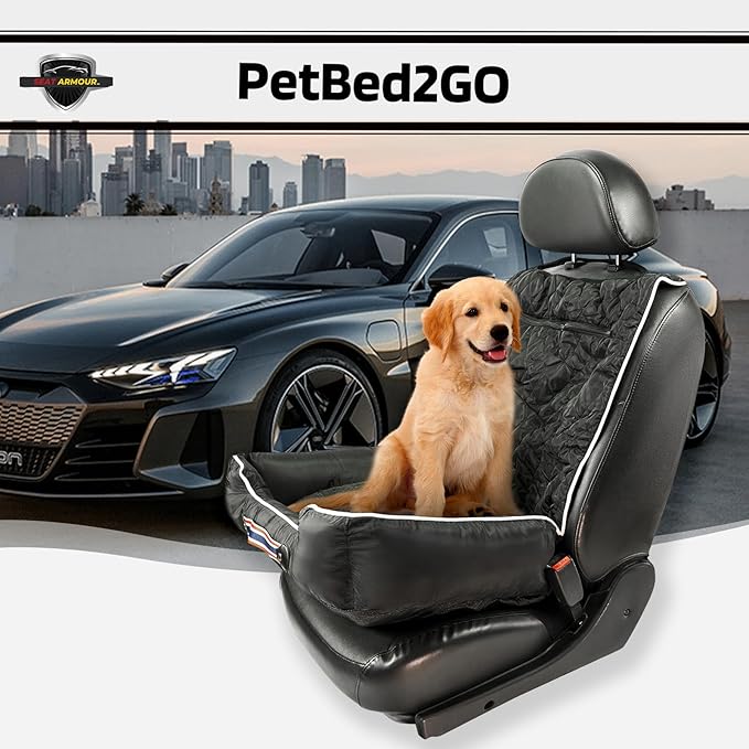 Seat Armour PetBed2Go Black - Car Pet Bed and Seat Cover – Soft, Portable Pet Cushion for Travel – Protects Vehicle Seats from Fur, Dirt & Scratches