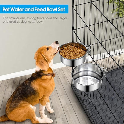 2 Pcs Large Dog Food Water Bowl for Cage with Upgraded Clamp Holder, Pet Kennel Hanging Bowls Stainless Steel Non-Spill Detectable Bowls Crate Feeder for Large Dogs (7x2.8'' & 6.3x2.5'')
