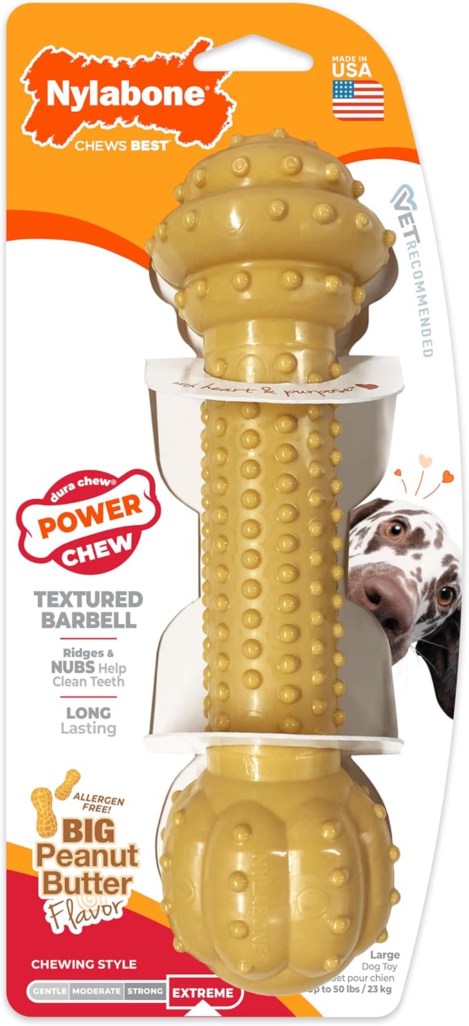 Nylabone Barbell Bone Power Chew Toy for Dogs, Dog Toys for Aggressive Chewers, Peanut Butter Flavor, Large - Up to 50 lbs, 1 Count