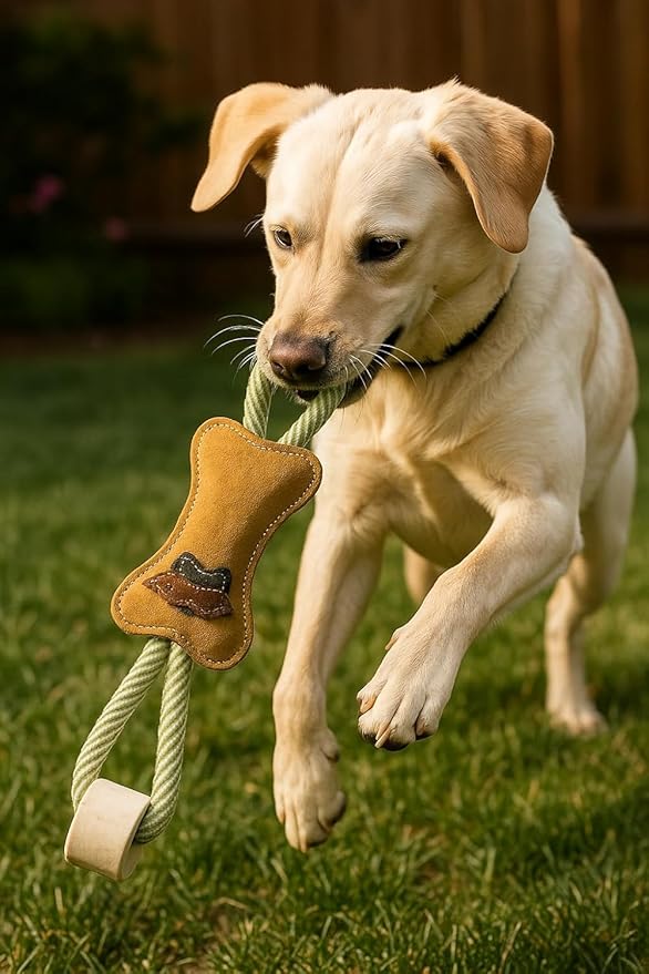 Natural Suede Leather and Rope Chew Toy with Bone Design for Medium and Large Dogs | Durable Interactive Play Toy | Great for Fetch, Tug and Daily Chewing Fun