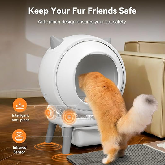 Automatic Cat Litter Box - E2 Self Cleaning Litter Box Smart Robot for Multiple Cats, APP Real-Time Monitor, Weight Monitoring, Safe Anti-Pinch Liners and Mat Included（White）
