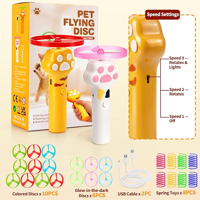 BABORUI Cat Toy Disc Launcher, Rechargeable Interactive Cat Fetch Toy Launcher with 8 Flying Discs, Flying Enrichment Toys for Indoor Bored Kittens & Adult Cats (Yellow+White)