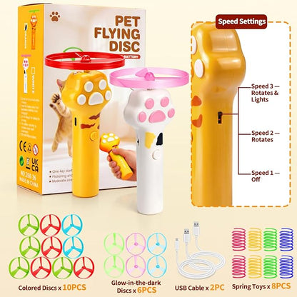 BABORUI Cat Toy Disc Launcher, Rechargeable Interactive Cat Fetch Toy Launcher with 8 Flying Discs, Flying Enrichment Toys for Indoor Bored Kittens & Adult Cats (Yellow+White)