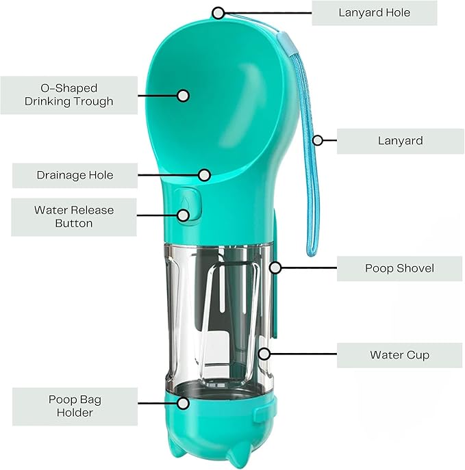 Portable Travel Pet Water Bottle – Leakproof Dog Water Dispenser with Poop Bag Holder & Waste Shovel – Ideal for Walking, Hiking & Outdoor Adventures (Blue)