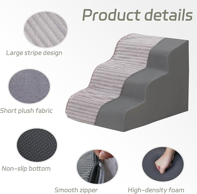Dog Stairs for Small Dogs & Cats 22.5" H, High Density Foam Dog Steps Ramp for High Bed and Couch, Pet Stairs with Non-Slip Bottom and Remove Washable Cover, 5-Step Pet Steps, Grey