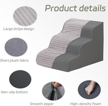 Dog Stairs for Small Dogs & Cats 22.5" H, High Density Foam Dog Steps Ramp for High Bed and Couch, Pet Stairs with Non-Slip Bottom and Remove Washable Cover, 5-Step Pet Steps, Grey