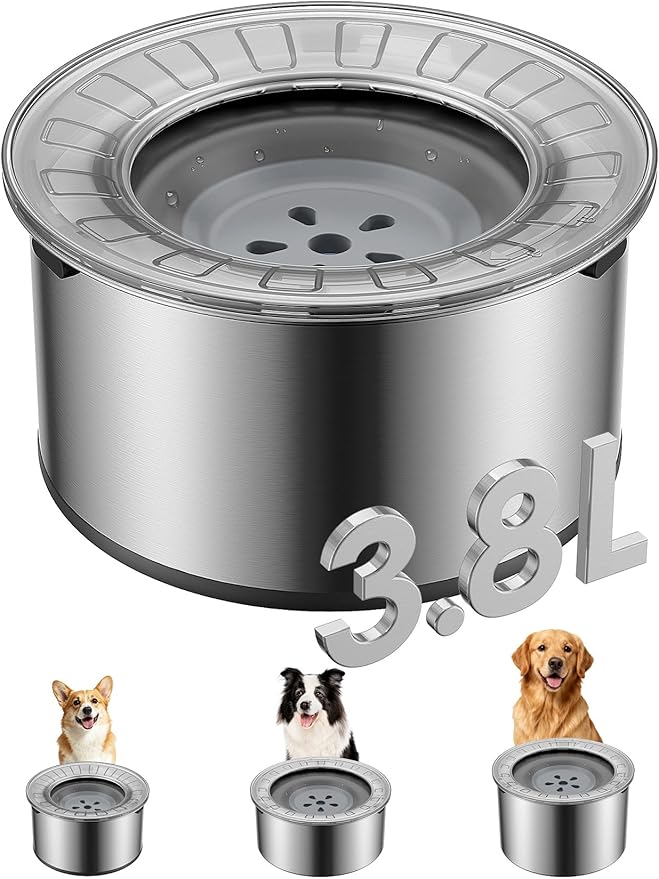 1 Gallon Large Dog Water Bowl No Spill,【Anti Digging Lid & Rubber Bottom】 Spill Proof Dog Bowl, Anti Splash Mess Dripless Slow Drinking Stainless Steel Water for Sloppy Messy Drinkers Car