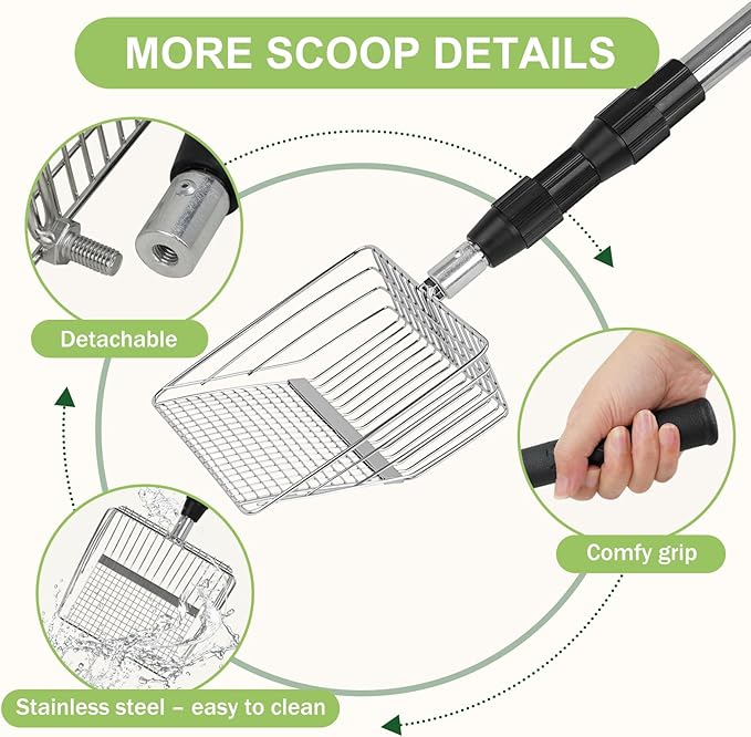 XBX Long Handle Cat Litter Scoop with Holder, Adjustable Extendable Metal Litter Scooper, Stainless Steel Shovel Sifter for Litter Box Cleaning, Durable Cat Pooper Scooper for Home Use