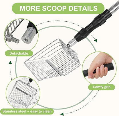 XBX Long Handle Cat Litter Scoop with Holder, Adjustable Extendable Metal Litter Scooper, Stainless Steel Shovel Sifter for Litter Box Cleaning, Durable Cat Pooper Scooper for Home Use