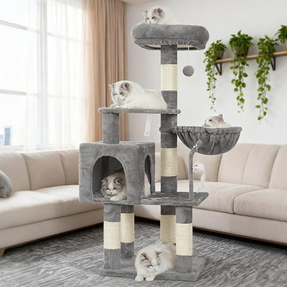 Heybly Cat Tree with Toy, Cat Tower Condo for Indoor Cats, Cat House with Padded Plush Perch, Cozy Hammock and Sisal Scratching Posts, Light Gray HCT004SW