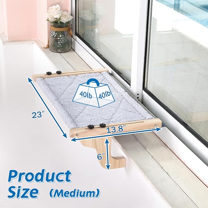 Zakkart 2PC Easy Seat Cat Perch for Window Sill - Hammock Design w/Pine Wood & Robust Metal Frame - Cat Window Seat for Large Cats and Kittens (Natural Color Wood w/Gray Bed, Medium (23''W x 14''D))