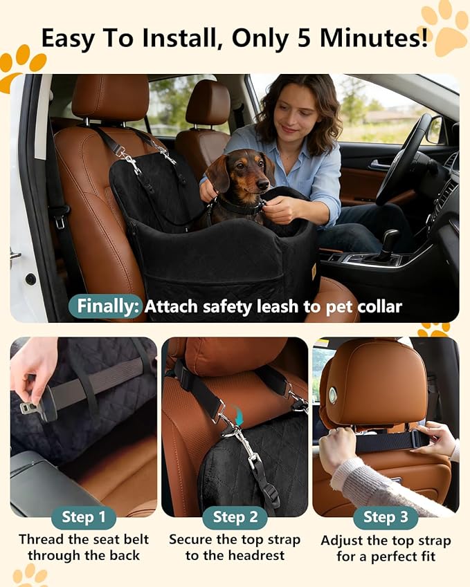 Dog Car Seat for Small/Medium Dogs Up to 35 lbs, 2-in-1 Pet Car Seat with Memory Foam, Machine Washable Dog Bed for Cars, Non-Slip Pet Booster Carseat with Safety Leashes, Storage Pockets (Black)