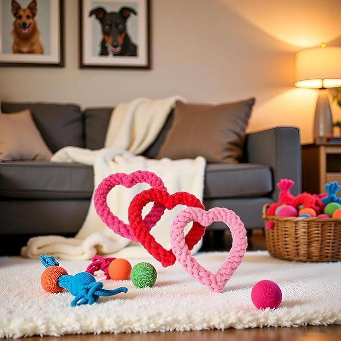 Cute Dog/Cat Chew Toys, Heart-Shaped Chew Toys,Cotton Rope Teething Toy for Puppies, Creative Love Heart Shaped Interactive Rope Dog Toys, Cotton Puppy Teething Chew Tug Toy (Pink and Red)