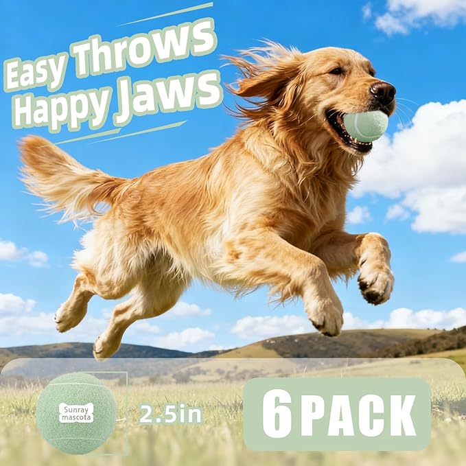 2.5" Dog Tennis Balls 6-Pack Silent Bounce, Tough Rubber Core, Durable Fetch & Training Toys for Indoor/Outdoor Play, for Small Medium Large Dogs (Light Green, 6 Pack)