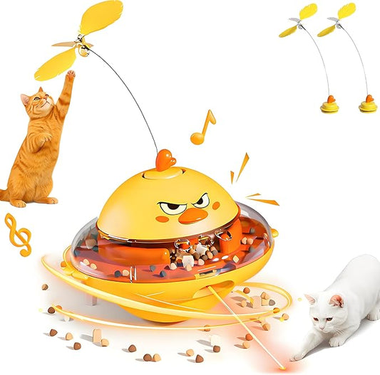 hooroor 4-in-1 Automatic Cat Toy, Interactive Laser & Feather Teaser with Bird Sounds & Treat Reward, Self-Balancing 360° Spinning Enrichment Exercise Toy for Bored Indoor Cats & Kittens
