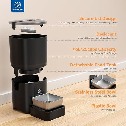 PAPIFEED Automatic Cat Feeder, 6L Pet Feeder, 2.4G WiFi Smart App Control, Bluetooth Assist Link,Wide-Angle Lens, Automatic Feeder for Small and Medium-Sized Pets (WiFi 2.4G)