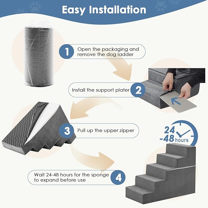 DUMOS Dog Stairs for Medium Dogs, 5-Steps Non-Slip Balanced Extra Wide Indoor Foldable Dog Steps with Density Foam & Washable Cover, Cat Puppy Old Pet Stairs for High Bed, Couch, Sofa - Grey, 27" H