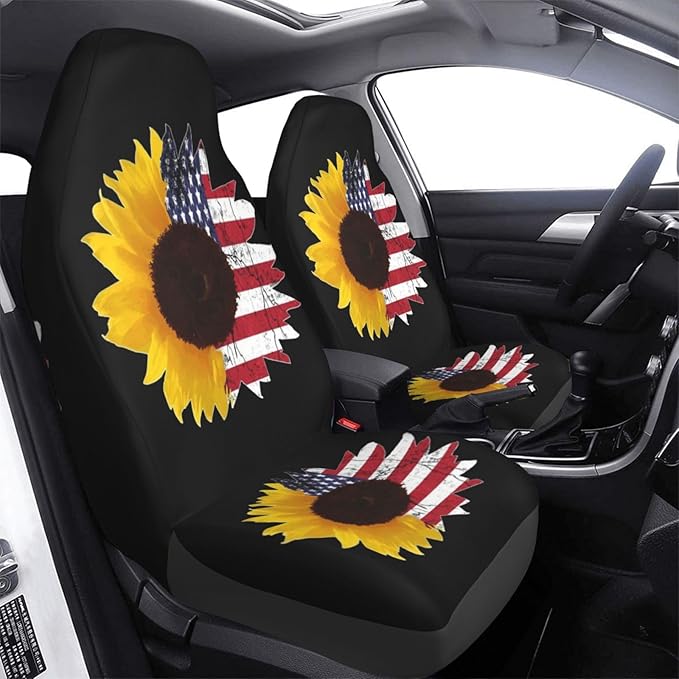 Foruidea Sunflower with American Flag Car Seat Covers Universal 2 Pcs Auto Front Seat Cover Fit Most Cars,SUV,Sedan,Trucks