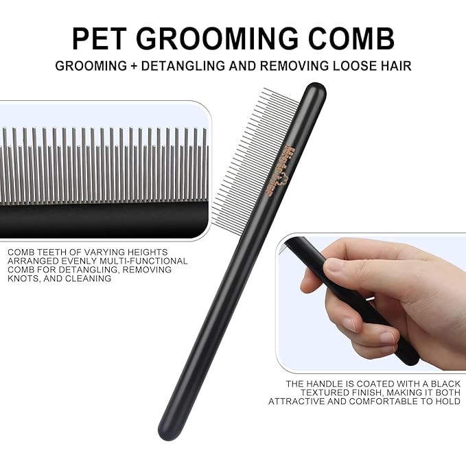 Professional Dog Comb with Wood Handle Long&Short Metal Flea Comb Pet Grooming Tool for Dogs and Cats Remove Loose Hair Tangles Dirt Fleas