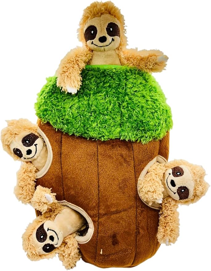 Glow Pups Hide and Seek Dog Toy, Sloth Dog Toy, Plush Squeaky Burrow Tree for Dogs, Interactive Puzzle for Mental Stimulation, Woodland Style, Medium Size, Set of 4