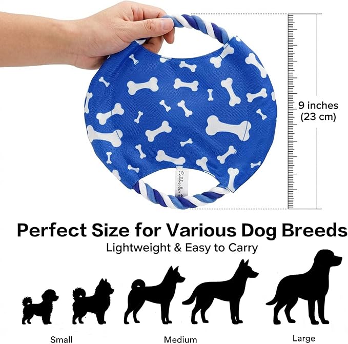 Dog Rope Flying Disc Toy with Squeaker | Durable Canvas Center & Braided Cotton Rope Ring | 2-in-1 Fetch & Tug Interactive Toy for Small & Medium Dogs | 9 Inch